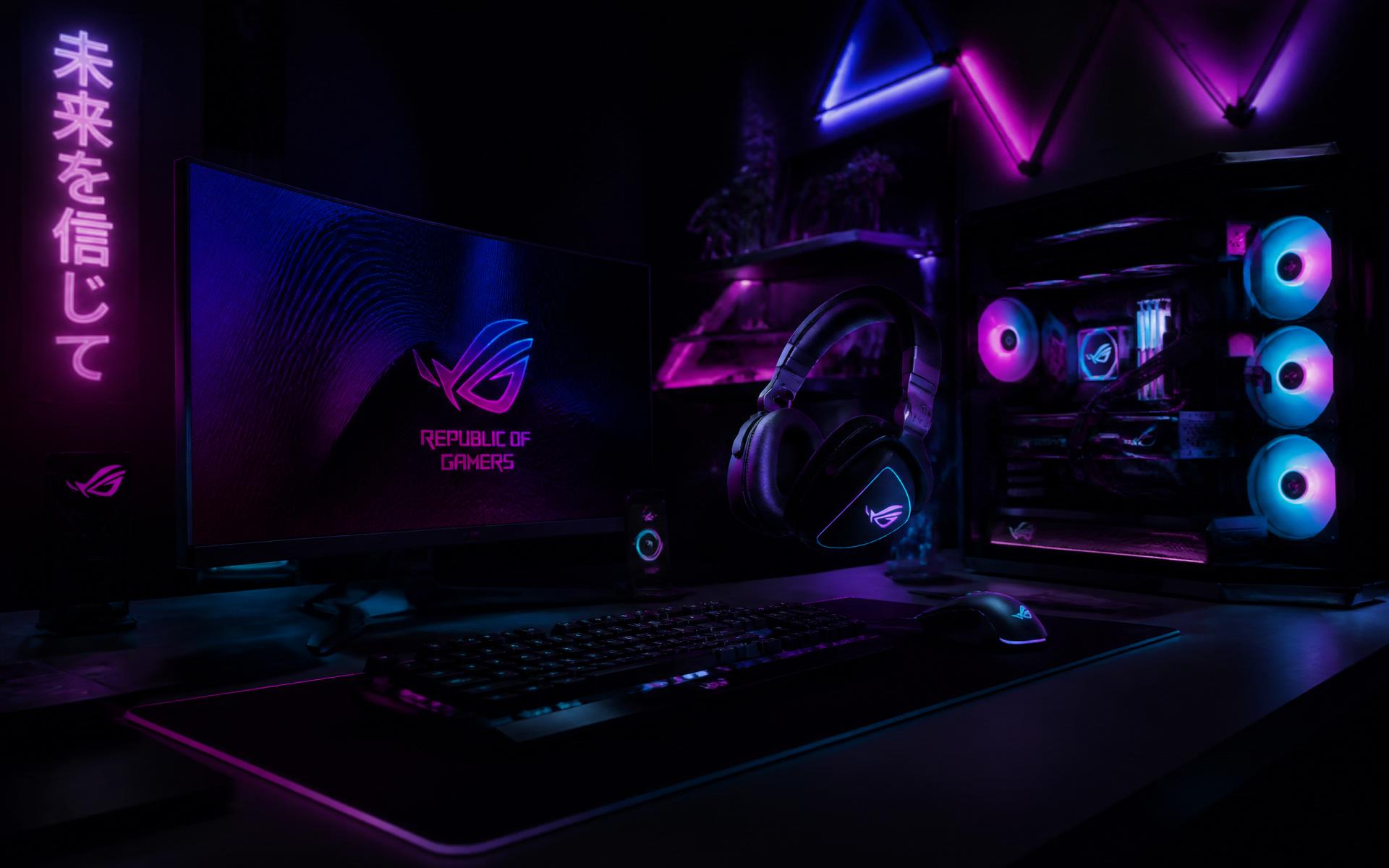 Neon aydınlatmalı premium gamer setup